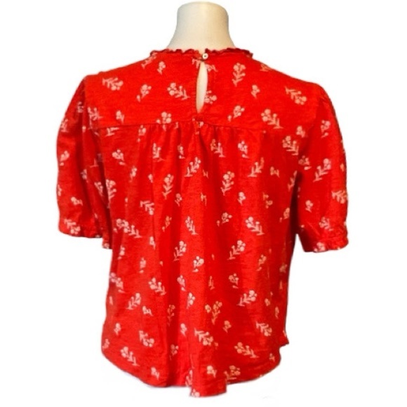 Lucky Brand Red Floral Smocked Blouse Short Sleeve Ruffle Neck Sz L - Picture 2 of 7
